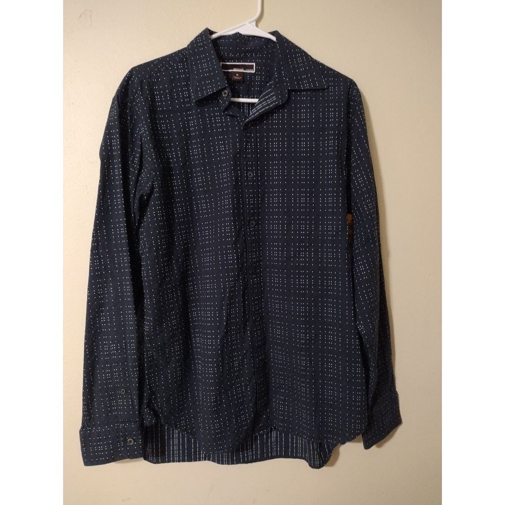 Michael Kors Men's Dark Blue Dot Print Long Sleeve Button Up Shirt Size Medium